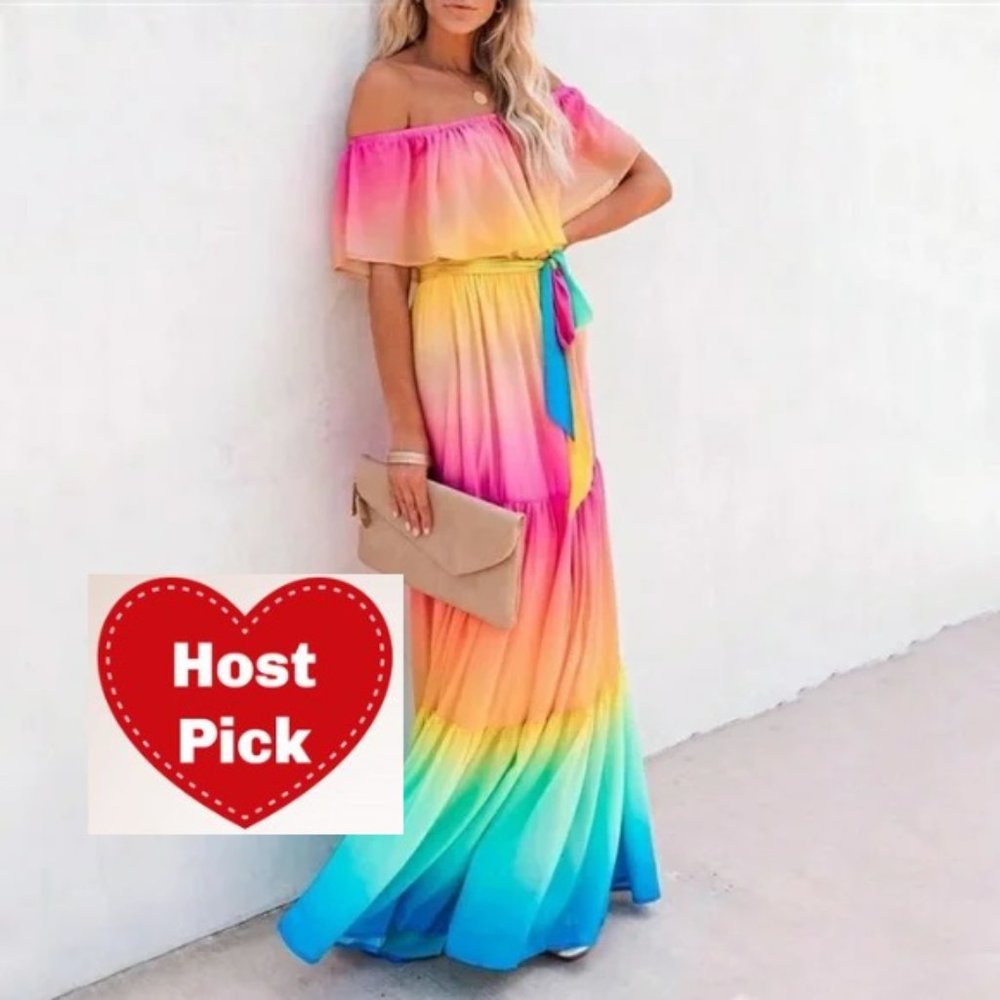 Rainbow Dress BOHO Maxi Off Shoulder - Ribbon Belt Waist - Flowing Hem